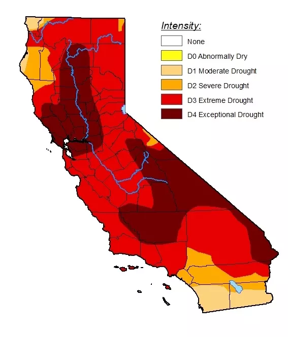 STATE OF DROUGHT San Luis Obispo County is now one of 50 California counties facing a drought emergency, shown here by the U.S. Drought Monitor. - MAP COURTESY OF THE U.S. DROUGHT MONITOR