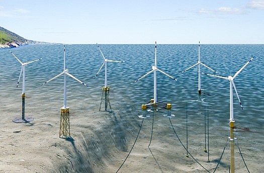ONE STEP CLOSER East Coast wind turbines are bolted to the ocean floor by steel structures (pictured). Potential turbines off the coast of Morro Bay would float and be connected to the ocean floor with cables, Assemblymember Jordan Cunningham (R-SLO) said. - RENDERING COURTESY OF BOEM
