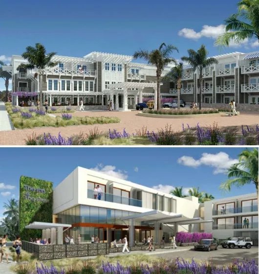 THE PLANS, THEY ARE A-CHANGIN': After months of extensive discussion and revision, the Pismo Beach Planning Commission finally, during their July 22 meeting, approved plans for a 104-room hotel opposite the Pismo Pier. At the bottom is the Cypress Street hotel entrance as envisioned on - March 11; at the top is the same entrance as envisioned on July 22 after design revisions. - IMAGES COURTESY OF PISMO BEACH PLANNING COMMISSION