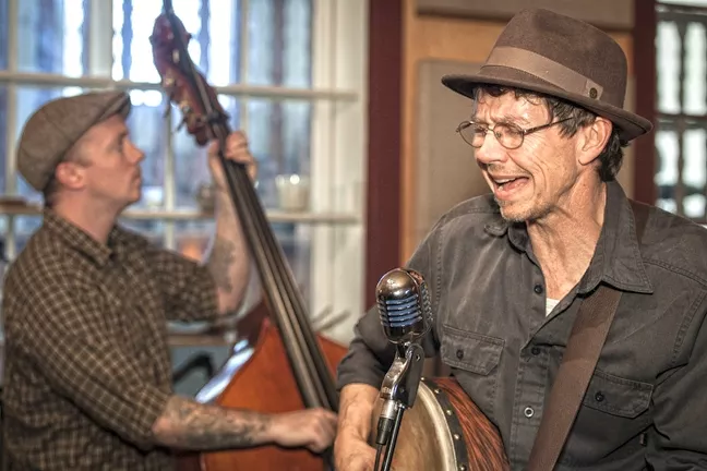 BALLADEER: Stuart Mason (right, with bass fiddler Ryan Davidson, left) plays two concerts this week: May 29 at SLO House Concerts and May 30 at Painted Sky Studios. - PHOTO COURTESY OF STUART MASON