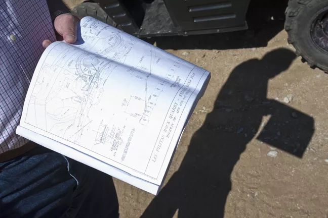 BEST LAID PLANS : During a previous site tour with Las Pitas Quarry applicant Ken Johnston, he showed early plans for the proposed granite mining and asphalt recycling project. - FILE PHOTO BY STEVE E. MILLER
