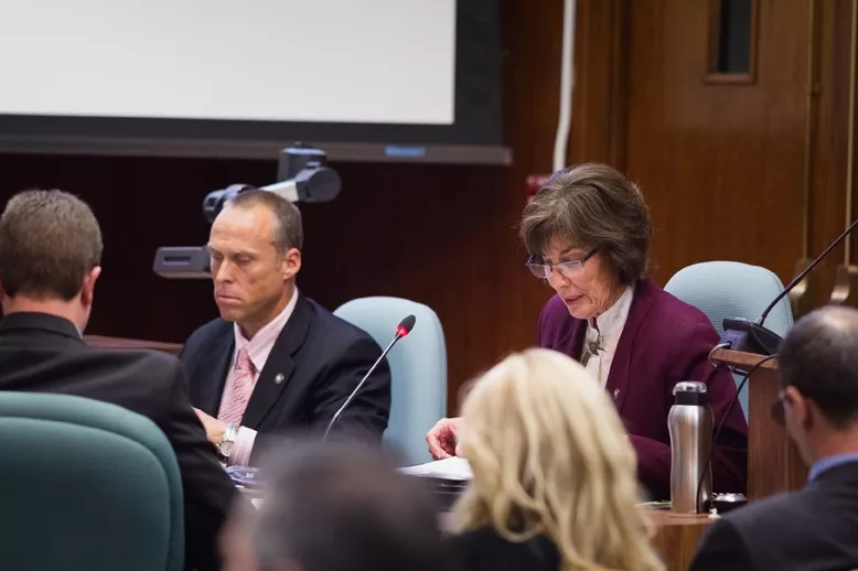THE PLAN: Community Development Director Derek Johnson (left) and Deputy Director Kim Murry argued before the SLO City Council that data from Johnson Aviation about safety and noise led city staff to push for an overrule of - the county’s Airport Land Use Commission. - PHOTO BY KAORI FUNAHASHI