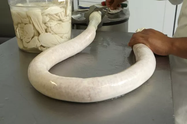 19 AND 20: : The casing is put over the tube of the stuffer and the meat is pumped rather forcefully and quickly into the casing.