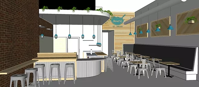 GREEN SPACE : A rendering of Bowl’d at 1028 Chorro Street in downtown SLO shows off a garden of hanging plants and a calm, modern vibe. - IMAGE COURTESY OF BOWL’D