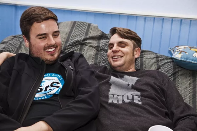 BOND OF WRITERS: Staff writers Rhys Heyden and Jono Kinkade get comfortable together on the giant beanbag in the living room. - PHOTO BY COLIN RIGLEY