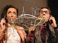 HOW CURIOUS IT IS! AND BIZARRE! : Mr. and Mrs. Martin (Chase Mullins and Natalie Roy) spew mouthfuls of misunderstanding in Cal Poly Theatre Department’s The Bald Soprano. - PHOTO BY TIM DUGAN