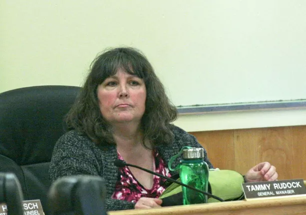 TORCHES AND PITCHFORKS : Former Cambria Community Services District general manager Tammy Rudock (pictured) sat an April 28 board of directors meeting, approximately 24 hours before being canned. Not pictured are the approximately 300 residents calling for her immediate termination. - PHOTO BY MATT FOUNTAIN