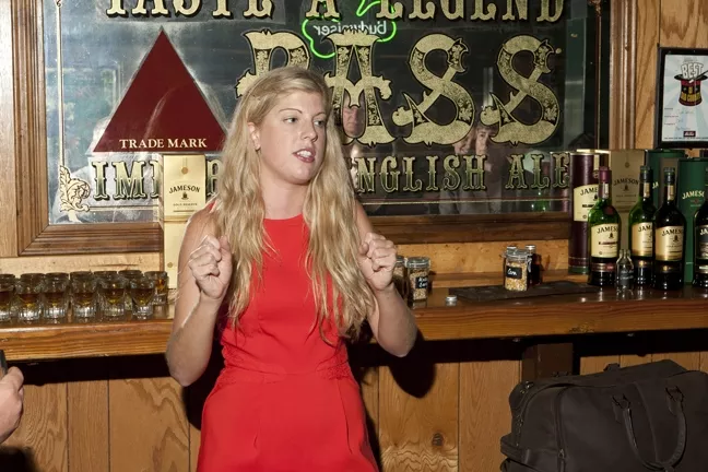 WHISKEY AMBASSADOR: Anne Sheerean of Jameson Irish Whiskey congratulates McCarthy’s for being the No. 1 Jameson account in the U.S. - PHOTO BY STEVE E. MILLER