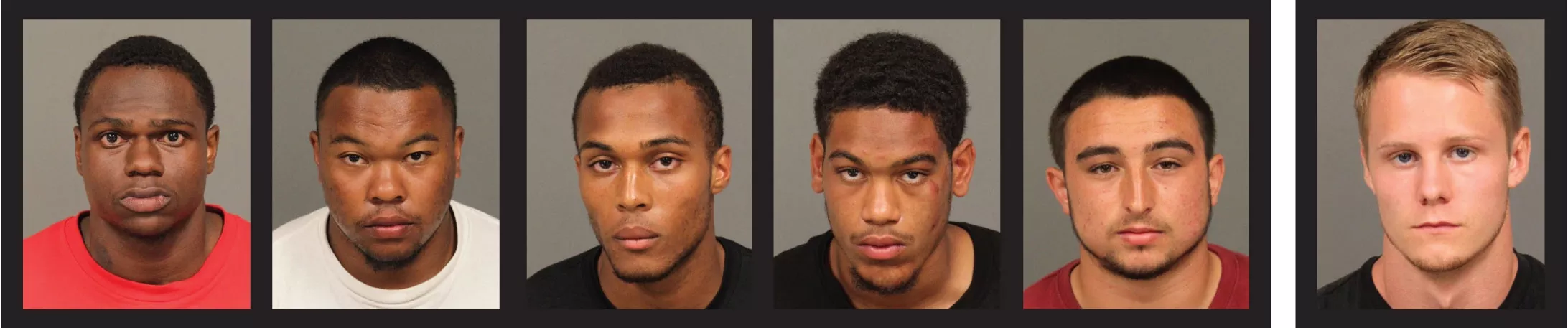 THE SUSPECTS: San Luis Obispo police arrested Cal Poly students (from left) Cortland Fort, Kristaan Ivory, Dominique Love, Cameron - Akins, Jake Brito, and Gear McMillan between Aug. 10 and Sept. 4. McMillan was arrested on suspicion of drug-related offenses, and the other five (all football players) were arrested on suspicion of planning or carrying out an armed robbery. - PHOTOS COURTESY OF SLOPD