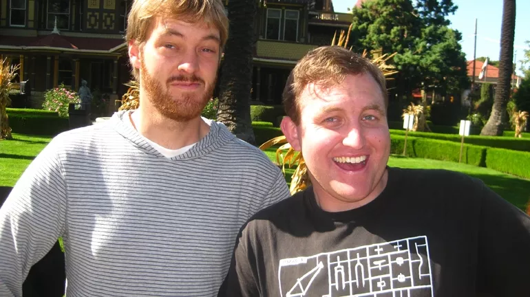 THE HOUSE THAT CRAZY BUILT : Dustin and I pose dorkily outside of the Winchester Mystery House in San Jose. This creepy mansion was designed to confuse vengeful spirits, featuring more than 160 rooms with doors, stairways, and windows that often go nowhere. - PHOTO BY MARC MAYES