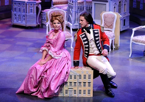 WHAT BECOMES A LADY : Capt. Jack Absolute (Quinn Mattfeld, right) woos Lydia Languish (Stephanie Philo) under the assumed name “Ensign Beverly,” in PCPA’s staging of Richard Brinsley Sheridan’s The Rivals - PHOTOS BY LUIS ESCOBAR, REFLECTIONS PHOTOGRAPHY