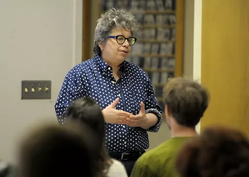 A DASH OF PEPE: Pepe, who has shown at New York’s MoMA PS1 and in the country of Georgia, speaks to a group of art students in Cal Poly’s Dexter building. - PHOTO COURTESY OF JAY THOMPSON