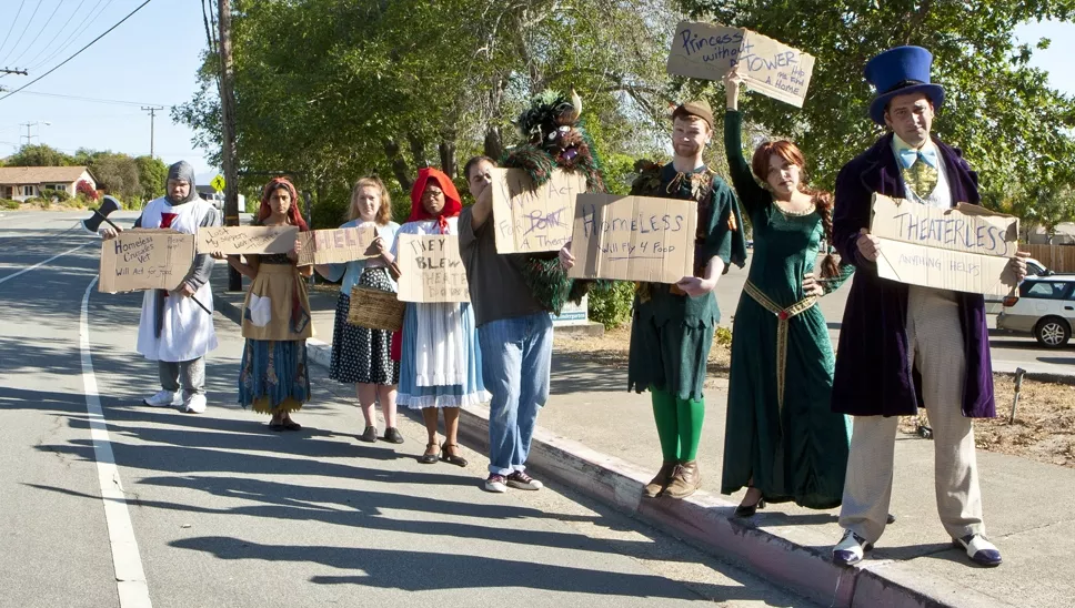 THEATERLESS! : For the past seven years, Kelrik Productions has been based at Unity Church, located on the corner of Johnson and Southwood Street in San Luis Obispo. Now that the venue has been sold, however, both Kelrik and Unity are without a home. In order to properly illustrate this, a few of the fun-loving characters from Kelrik’s many shows agreed to pose for this New Times photo. - PHOTO BY STEVE E. MILLER