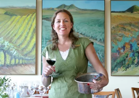 WINE AFICIONADO SHARES HER KNOWLEDGE: Tina Hoppe explains the intricacies of wine and food pairing during a cooking class at Edna Valley Vineyards. - PHOTO BY CHRISTOPHER GARDNER