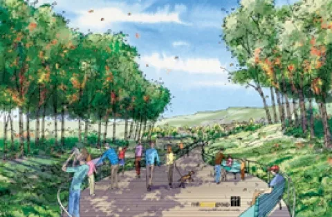 INSECT APPEAL : The Dalidio plan calls for shoppers to stroll along meandering walkways amid a grove of eucalyptus trees housing Monarch butterflies. - RENDERING COURTESY OF ERNIE DALIDIO
