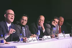 From left, State Representitive Scott Inman speaking, with Chuck Hoskin Jr., Cherokee Nation, Dr. Mickey Hepner, UCO, State Senator Clark Jolley, and State Auditor Gary Jones, during the Annual State Budget Summit held at the Will Rogers Center, 1-28-16. - MARK HANCOCK