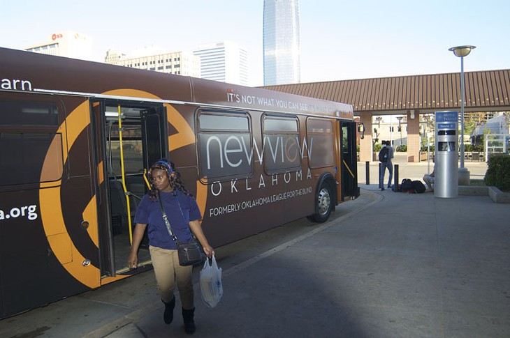 One of the last buses of the evening arrives at Oklahoma City's downtown transit center close to 7:30 p.m. - BEN FELDER