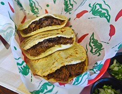 3 beef barbacoa gorditas in corn tortillas, at Gorditas Mexican Kitchen, 11-2-15, in southwest OKC. - MARK HANCOCK