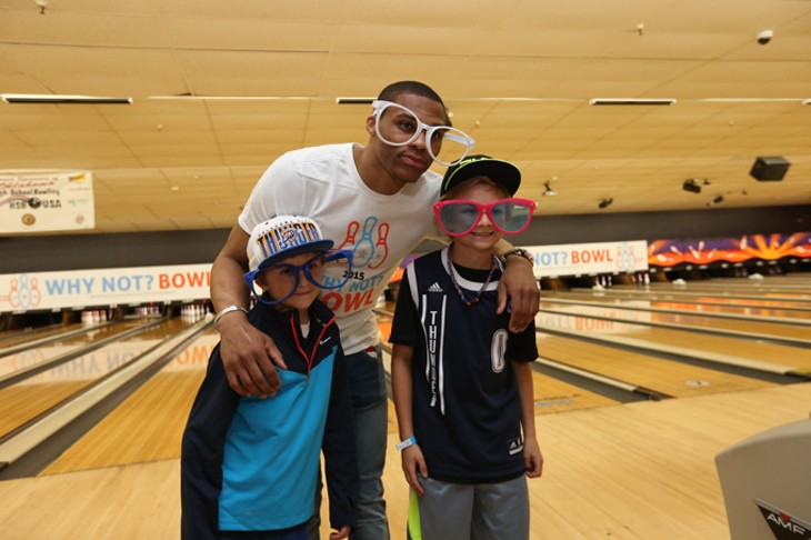 EDMOND, OK - APRIL 9:  Oklahoma City Thunder Russell Westbrook and his Why Not? Foundation sponsor a bowling event on April 9, 2015 at AMF Boulevard Lanes in Edmond, Oklahoma. NOTE TO USER: User expressly acknowledges and agrees that, by downloading and or using this Photograph, user is consenting to the terms and conditions of the Getty Images License Agreement. Mandatory Copyright Notice: Copyright 2015 NBAE - PHOTO BY LAYNE MURDOCH/NBAE VIA GETTY IMAGES