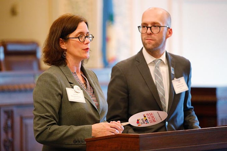 Julia Kirt and Jonathan Fowler speak during Oklahoma Arts Day 2015 at the Oklahoma State Capitol. - GARETT FISBECK