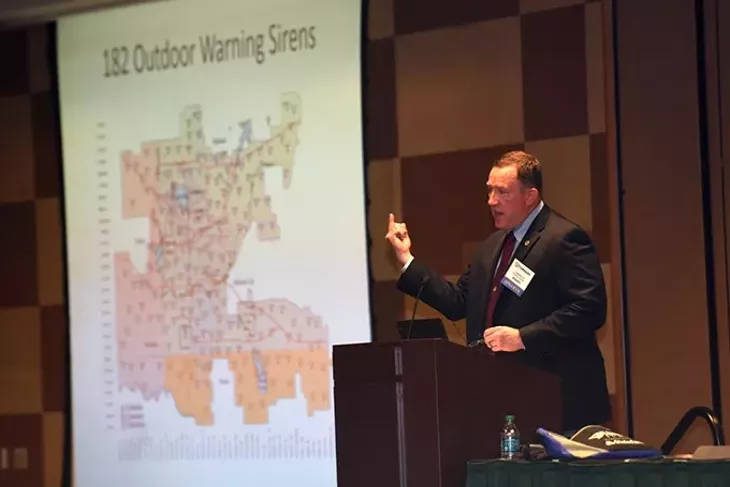 Frank Barnes speaks at The Tornado Summit in Oklahoma City, Wednesday, March 2, 2016. - GARETT FISBECK