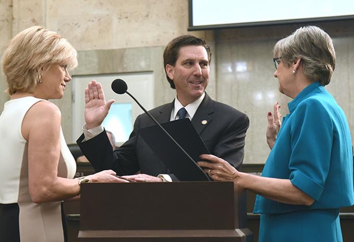 New Ward 8 OKC Councilman, Mark Stonecipher, takes the oath of office at Tuesdays meeting, 4-14-15.  mh