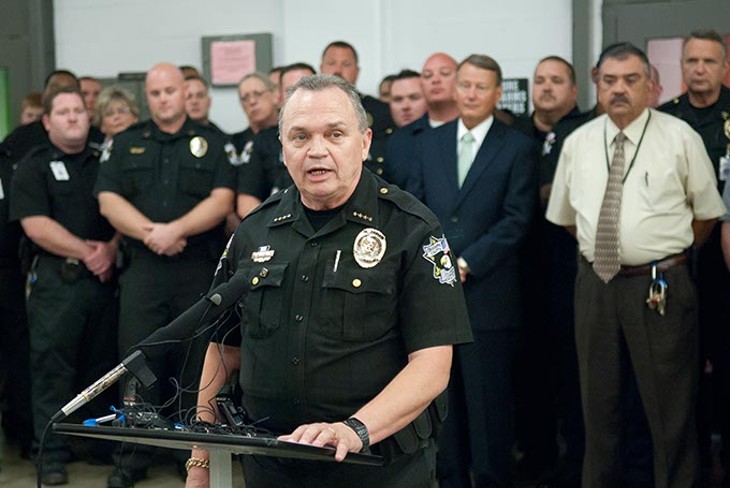 Sheriff John Whetsel backed by employees and officials, announced that the County Jail is now Accredited, at a news conference in 2012. (Mark Hancock / File)