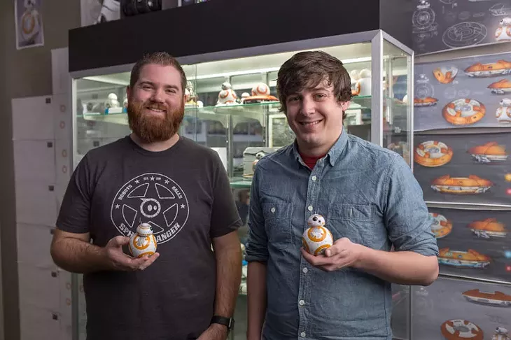 Sphero's Corey Earwood and Jon Carroll hold their company's toy version of the BB-8 droid from Star Wars: Episode VII – The Force Awakens. - PROVIDED, OKLAHOMA CHRISTIAN UNIVERSITY
