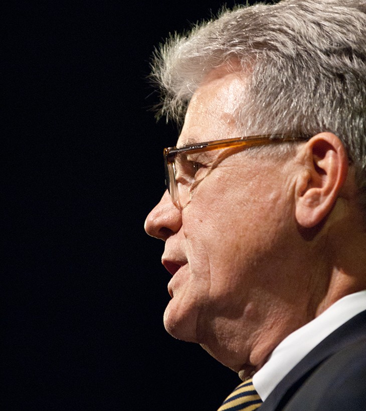 U.S. Senator Tom Coburn listens to a question during a town hall meeting in the OCCC Visual and Performing Arts Center, Monday, 8-4-14.  mh
