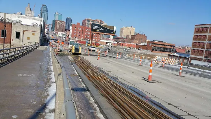 Streetcar rail is being placed along Main Street south of downtown Kansas City. - BEN FELDER