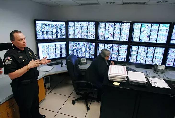 Oklahoma County Sheriff John Whetsel shows the new camera operations room featuring over 100 surveillance camera views, with 30 more being added soon, part of new County Jail improvements, shown on a media tour Thursday, 4-1-2010. Mark Hancock