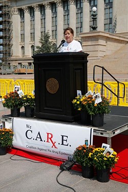 Gail Box shares her story of losing her son to prescription drug overdose during an International Overdose Awareness Day rally at the Oklahoma State Capitol in Oklahoma City, Monday, Aug. 31, 2015. - GARETT FISBECK