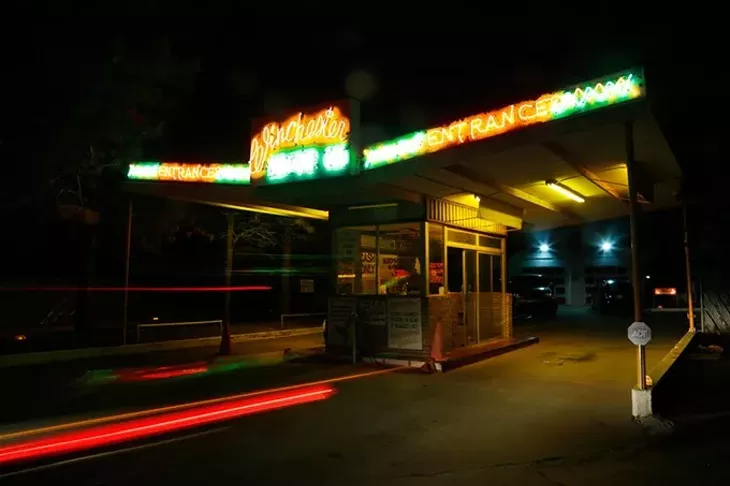 Traffic passes past the box office at the Winchester Drive-In. (Garett Fisbeck)