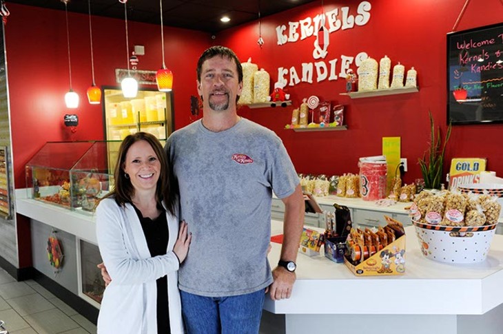 Stacey Mott and Ron Lynch pose for a photo at Kernels & Kandies in Oklahoma City, Friday, Oct. 30, 2015. - GARETT FISBECK