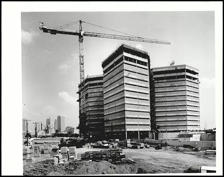 In September 1990, Oklahoma County and city officials celebrated after the jail was “topped out,” meaning the building reached its greatest construction height. (Oklahoma Publishing Company Collection / Courtesy Oklahoma Historical Society)