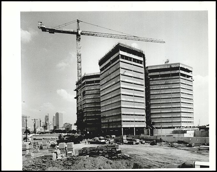 In September 1990, Oklahoma County and city officials celebrated after the jail was &#147;topped out,&#148; meaning the building reached its greatest construction height. (Oklahoma Publishing Company Collection / Courtesy Oklahoma Historical Society)