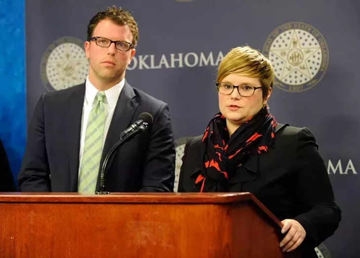 Rep. Jason Dunnington and Rep. Emily Virgin answer question during an Equal Pay for Equal Work Bill press conference at the Oklahoma State Capitol, Jan. 27, 2015. - GARETT FISBECK