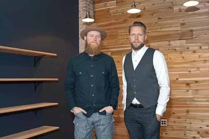Trade Men's Wares partners, from left, Hunter Goodman and Lukus Collins at the time of this photo, not open yet with their retail space, just off the Midtown Circle. - MARK HANCOCK