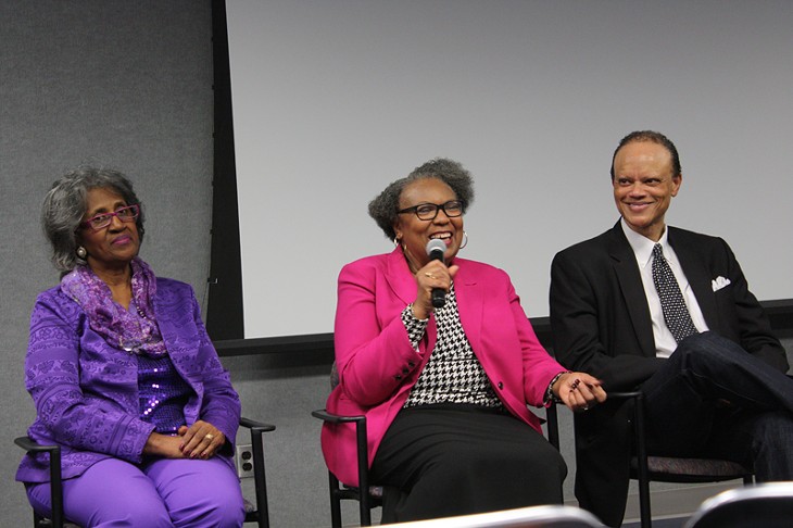 Joyce Jackson, who was involved in the civil rights sit-ins in Oklahoma City, smiles following a screening of Children of the Civil Rights. Joyce Henderson sits on her left, and Hannibal Johnson sits on her right.