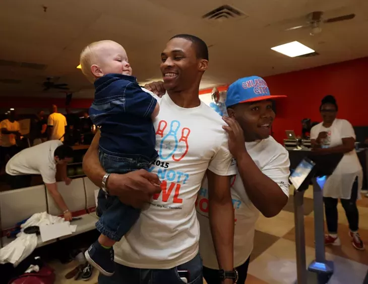 EDMOND, OK - APRIL 9: Oklahoma City Thunder Russell Westbrook sponsor his 5th annual Why Not? Foundation bowling event on April 9, 2015 at AMF Boulevard Lanes in Edmond, Oklahoma. NOTE TO USER: User expressly acknowledges and agrees that, by downloading and or using this Photograph, user is consenting to the terms and conditions of the Getty Images License Agreement. Mandatory Copyright Notice: Copyright 2015 NBAE - PHOTO BY LAYNE MURDOCH/NBAE VIA GETTY IMAGES