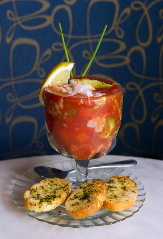 Shrimp and Avocado Gazpacho at LaBaguette with toast points. (Shannon Cornman)