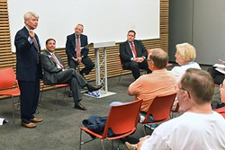 House District 85 candidate, from left, Ralph Crawford, Chip Carter, moderator Charlie Potts and Matt Jackson, (Amy Palumbo didn't participate) during a forum with other candidates held at the Northwest Library on July 22.  mh
