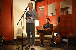 Sarah Cunningham is the autheor of How We Sleep At Night, shown with her son and music collaborator, Parker Cunningham, at District House in the Plaza District, where they had a performance, reading, and book signing event, 1-27-15.  mh