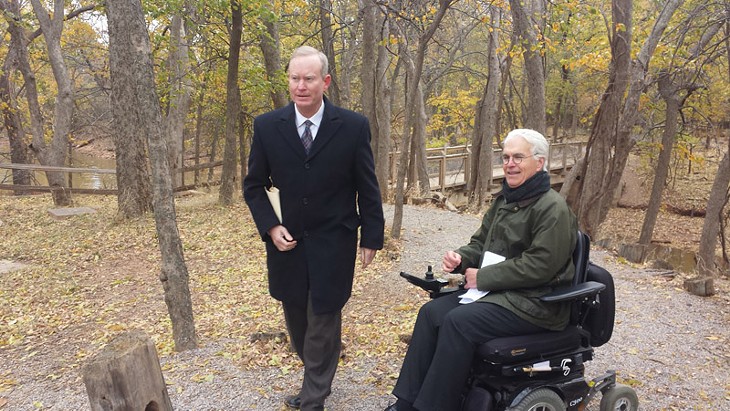 Mayor Mick Cornett and Jack McHanan or Wilderness Matters were on hand to celebrate the start of construction on the Courage Trail at Martin Park Nature Center. - BEN FELDER