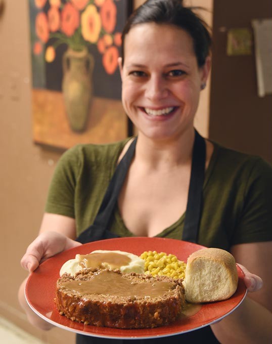 Sweets & Eats owner Julie Merkel with the Monday Blue Plate Special featuring meatloaf, 03-02-15.  mh