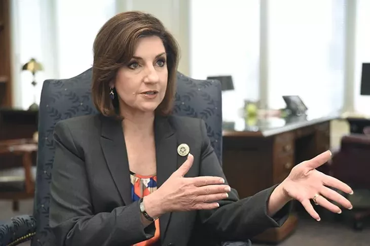 New State Public Schools Superintendent Joy Hofmeister answers a question during the Gazette interview with reporter Ben Felder, 4-07-15. mh