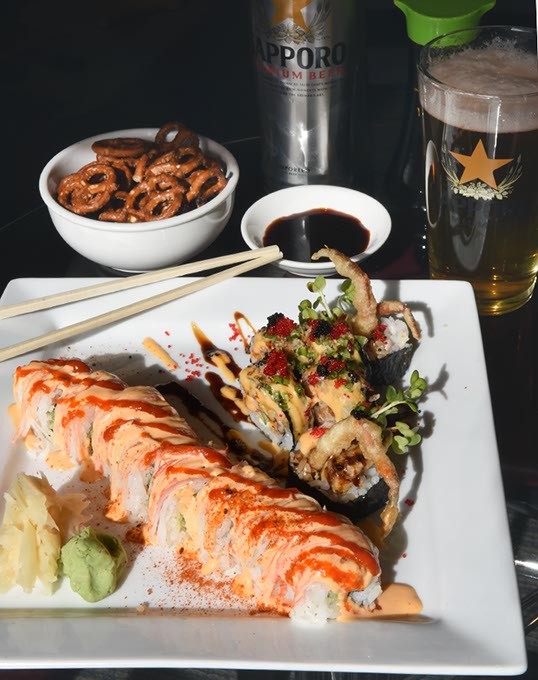 The Taranchula Roll, with Sapporo and pretzels, at Park Harvey Sushi Sports Lounge.  mh