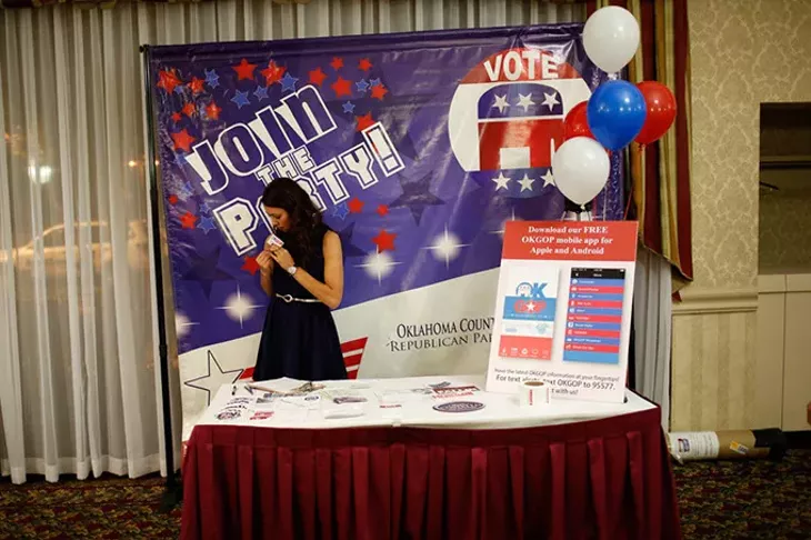 Raymond York cheers during a Republican watch party at Tower Hotel Oklahoma City last week. (Garett Fisbeck)