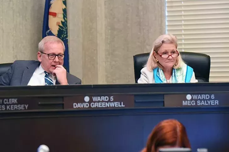 Ward 5 Councilman David Greenwell, and Ward 6 Councilwoman Meg Salyer, listen to Curbside Chronicle editor, Rayna O'Connor, speak during the 12-2-15 Oklahoma City Council meeting. - MARK HANCOCK