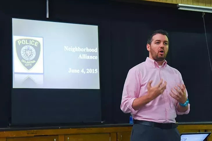 Ryan Baker, Programs Director, The Neighborhood Alliance of Central Oklahoma, kicks off the "Crime Prevention through Environmental Design Workshop, Thursday night at the OCCC Capitol Hill Center in south OKC. mh